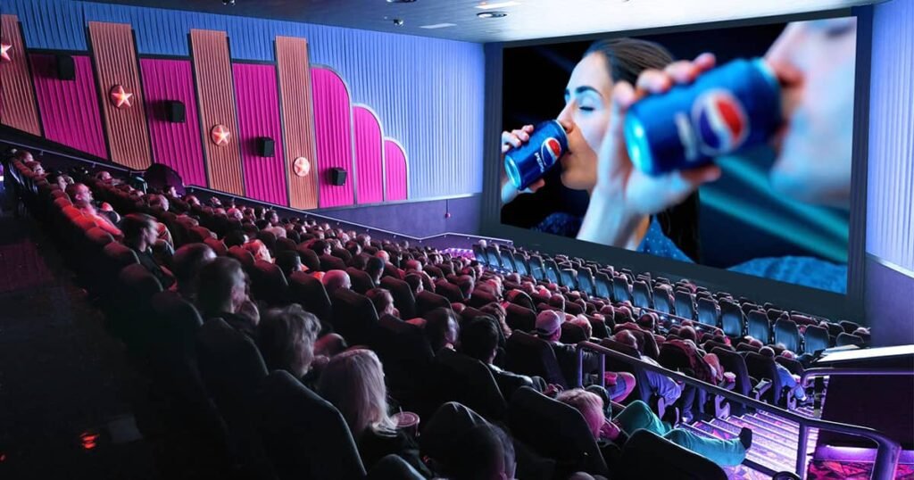 Cinema advertising display on big screen before movie starts, engaging audience with impactful brand message