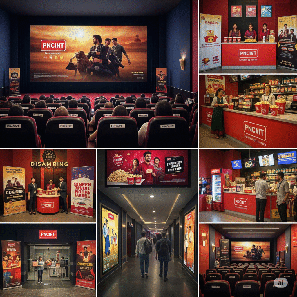 Cinema advertising by ACME Advertising Co. featuring on-screen brand ads, theatre lobby standees, and digital displays inside an Indian multiplex.