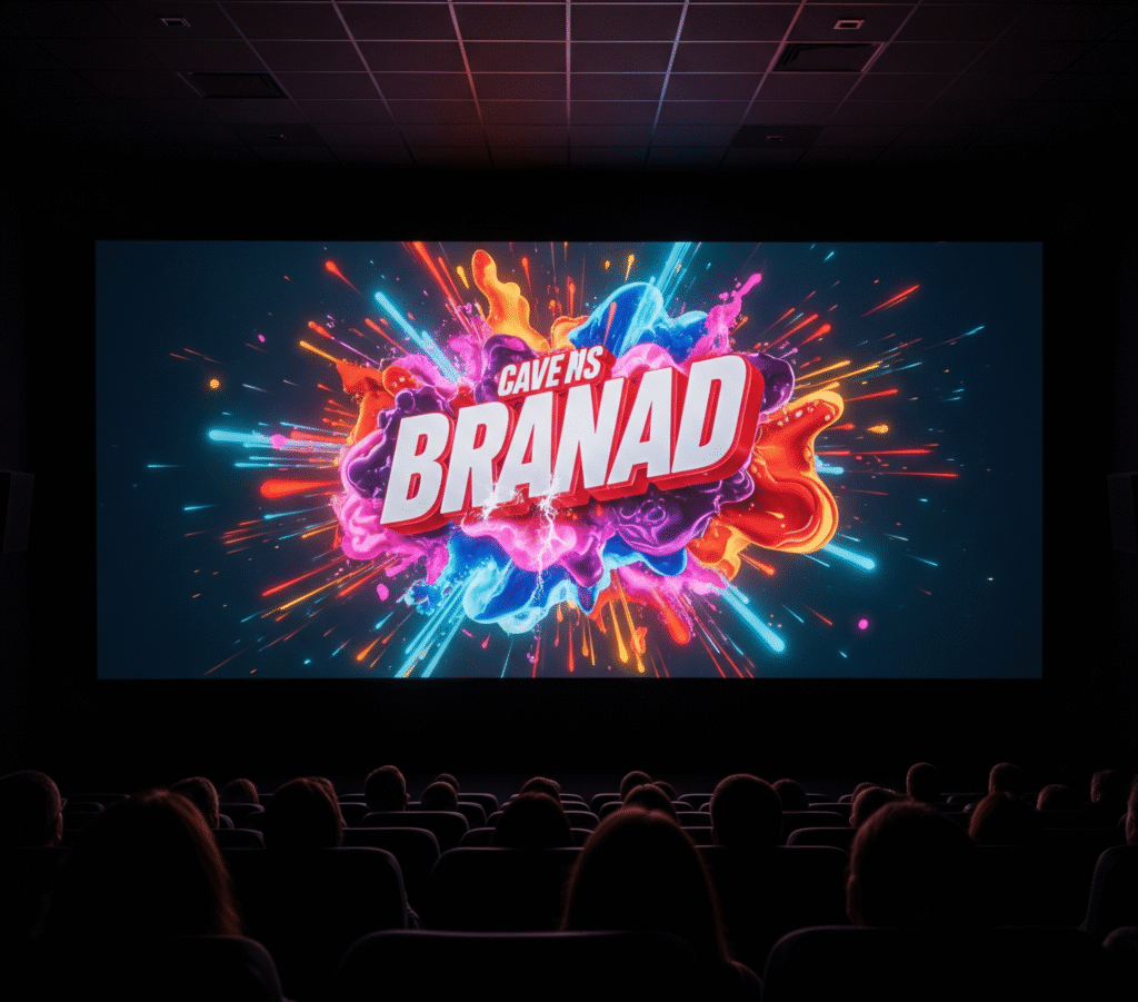 High-impact cinema advertising on big screen before movie showtime, capturing audience attention in a premium theater environment.