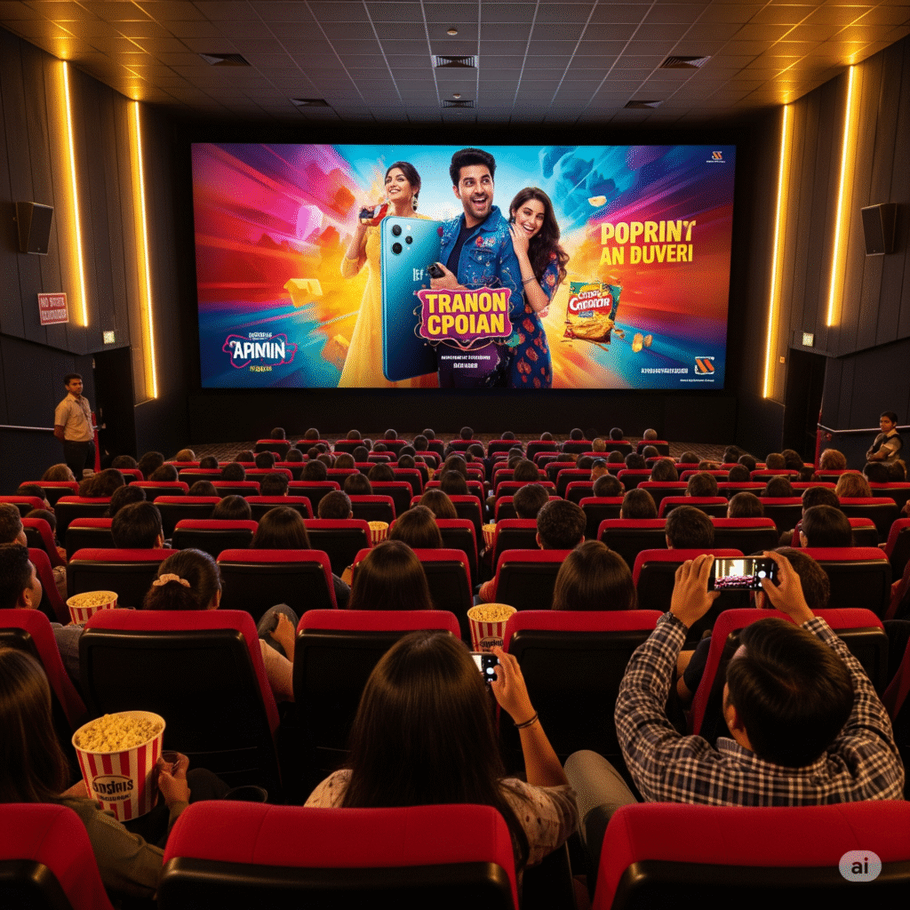 Cinema advertising by ACME Advertising Co. featuring on-screen brand ads, theatre lobby standees, and digital displays inside an Indian multiplex.