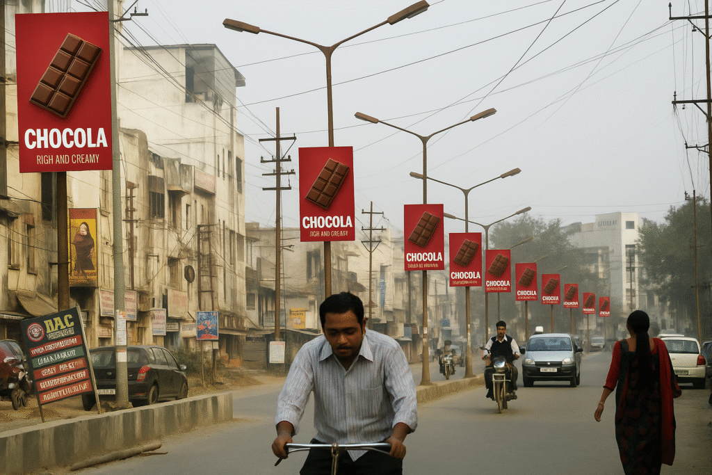 A row of digital pole kiosks displaying advertisements for 'Chocola,' showcasing its rich and creamy chocolate bars, set against an urban backdrop with heavy traffic.