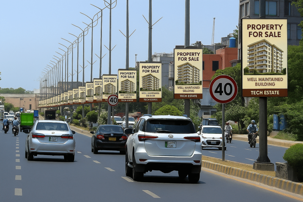 A row of digital pole kiosks displaying advertisements for 'Property for Sale,' showcasing well-maintained buildings in Tech Estate, set against an urban backdrop with heavy traffic.