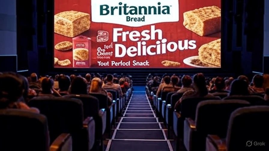 Cinema audience watching Britannia Bread advertisement on big screen promoting 'Fresh & Delicious' tagline.