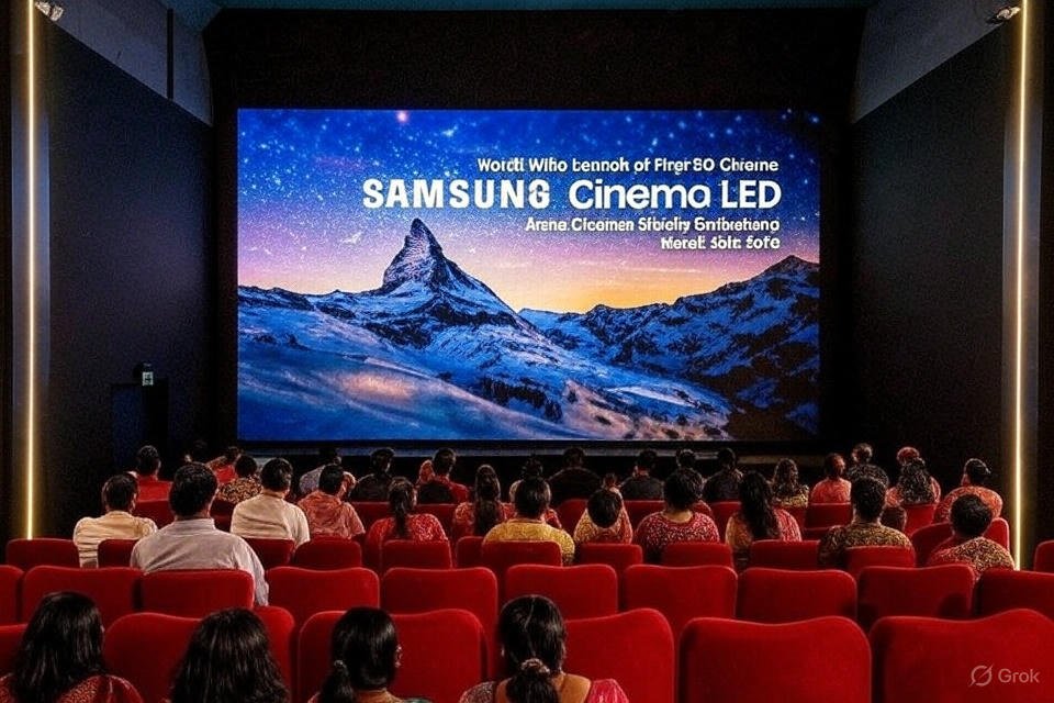 Audience watching an advertisement on a Samsung Cinema LED screen inside a modern movie theater