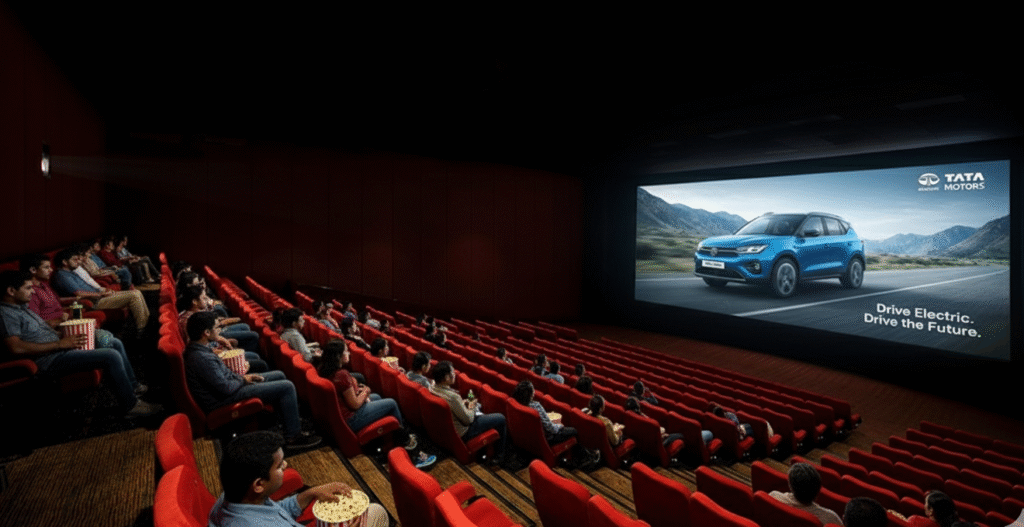 Audience in theater watching Tata Motors cinema ad featuring electric car and Drive the Future slogan.
PVR Cinema Advertising Agency near Maharashtra