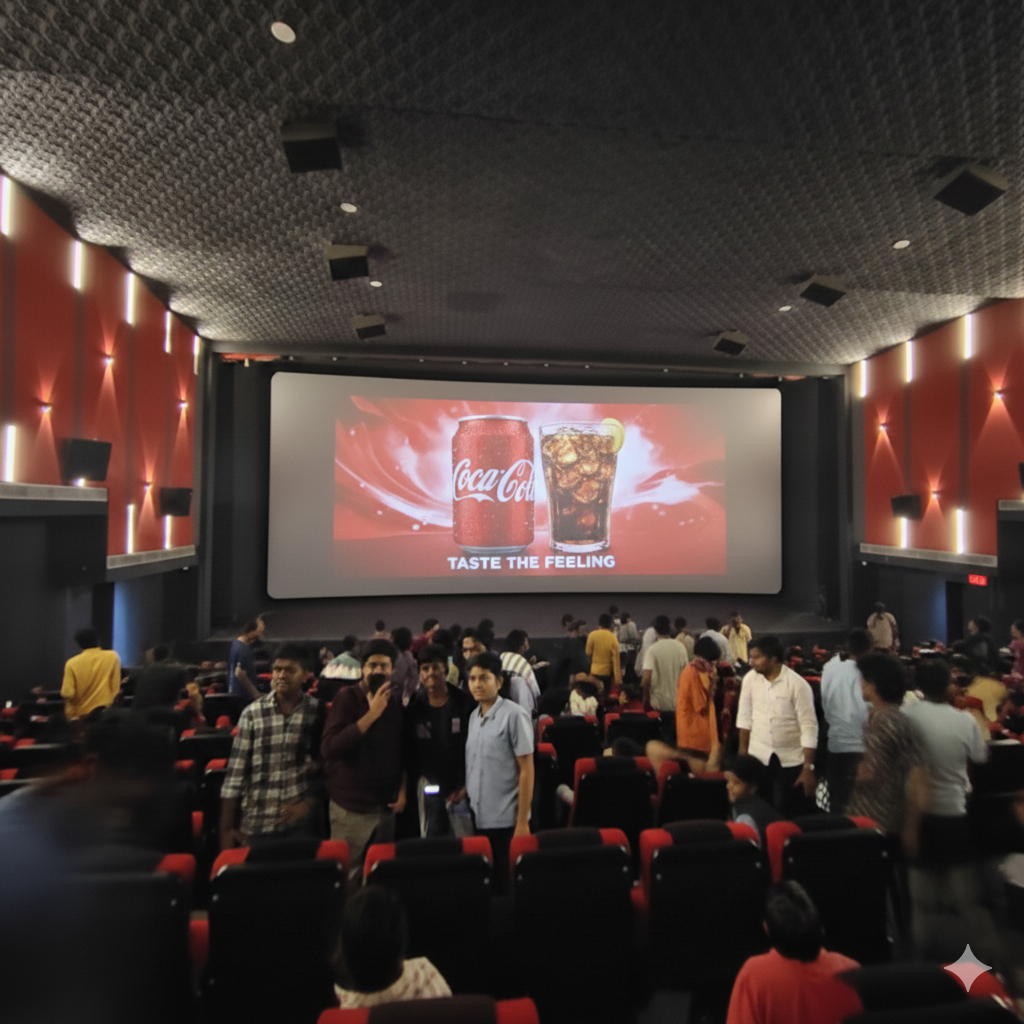 Audience in theater viewing Coca-Cola cinema ad featuring a can, glass, and “Taste the Feeling” slogan. Carnival Cinema Advertising Agency in Anjali Big Cinemas, Maharashtra Carnival Cinema Advertising Agency in Anjali Big Cinemas, Maharashtra Carnival Cinema Advertising Agency in Anjali Big Cinemas, Maharashtra
Carnival Cinema Advertising Company in City Junction Mall, Uttarakhand