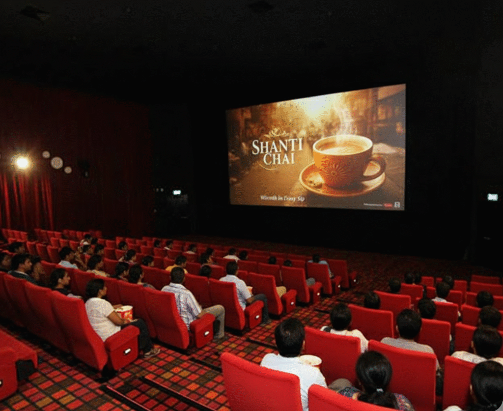 Audience in a cinema theater watching a Shanti Chai cinema ad with steaming tea and the tagline Warmth in Every Sip.