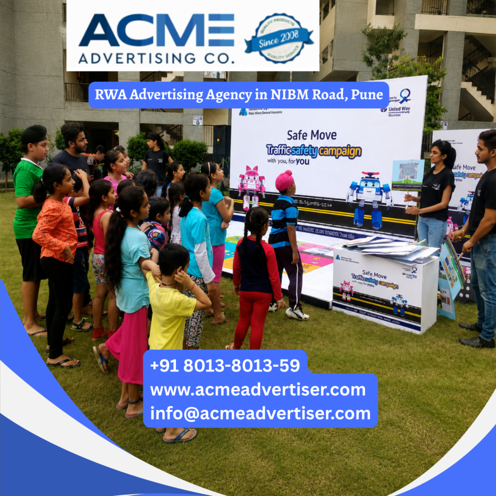 RWA advertising campaign in NIBM Road, Pune featuring residential society branding, product sampling, kiosk activations, and community engagement.