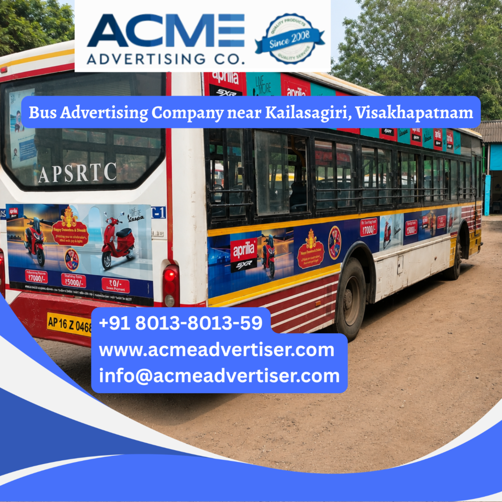 Bus advertising near Kailasagiri, Visakhapatnam featuring branded transit buses traveling through MVP Colony, Seethammadhara, Maddilapalem, and busy city corridors for maximum brand visibility.