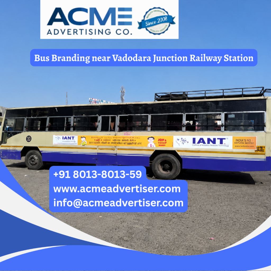 Bus branding near Vadodara Junction Railway Station featuring fully wrapped transit buses traveling through Alkapuri, Sayajigunj, Fatehgunj, New VIP Road, and major commercial corridors