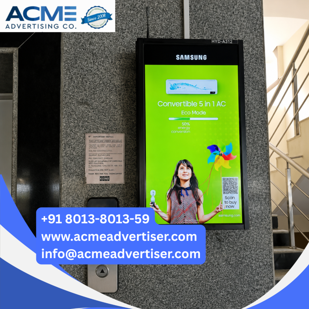 Digital screen advertising displaying high impact brand promotions in a busy commercial location with maximum audience visibility.
