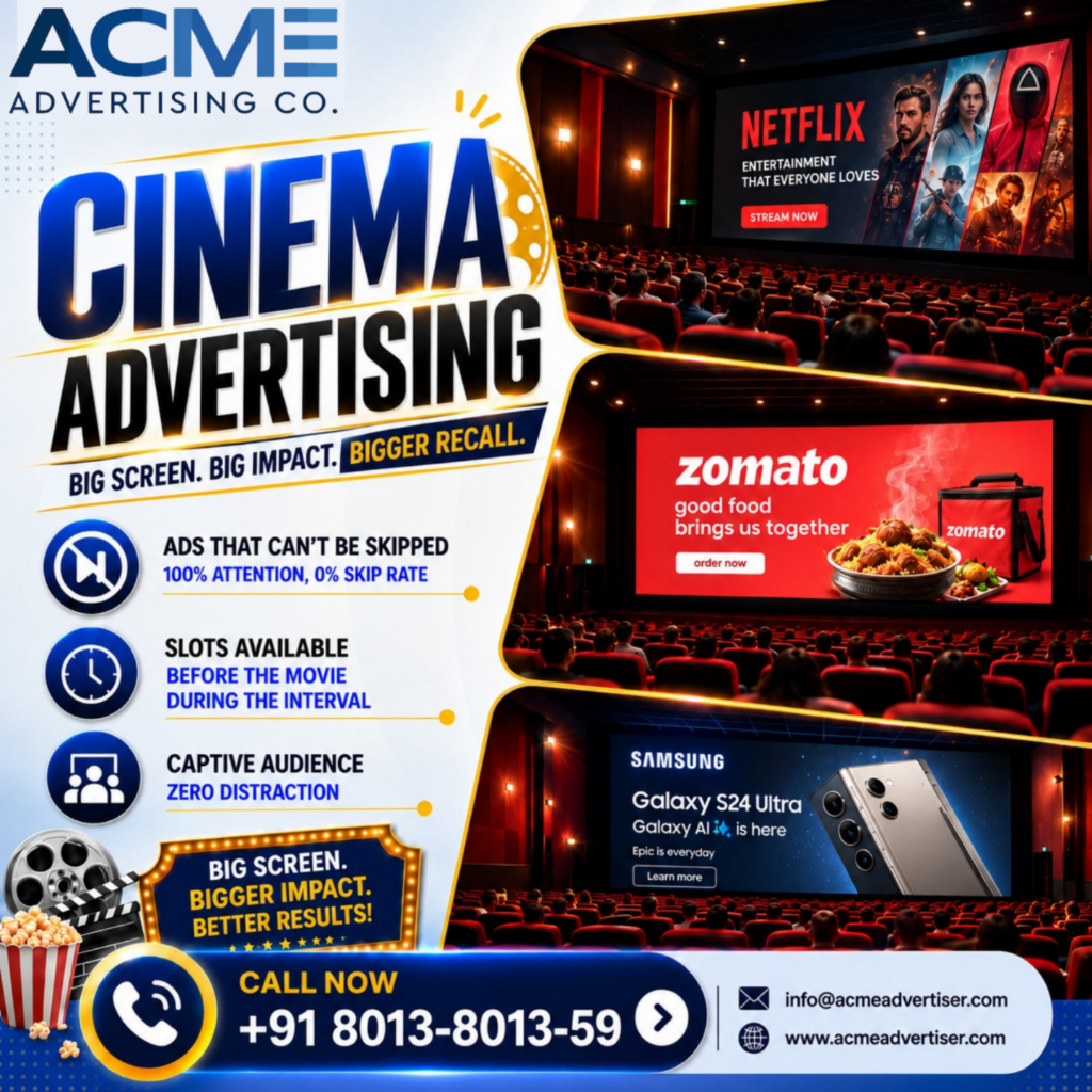 Cinema advertising company in India for impactful big screen brand promotion
Cinema Advertising Agency In India