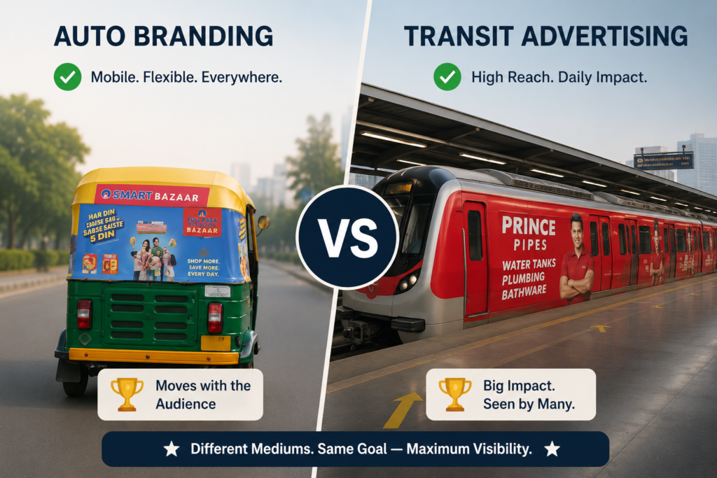 Vehicle branding advertisement by ACME Advertising Co. compared with billboards and hoardings on busy urban roads.