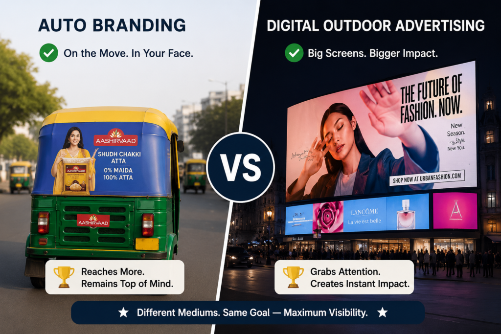 Vehicle branding advertisement by ACME Advertising Co. compared with billboards and hoardings on busy urban roads.