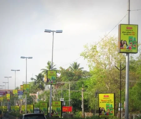 Pole kiosk branding is a high-visibility OOH advertising format using eye-level ads on poles to attract local audiences effectively.