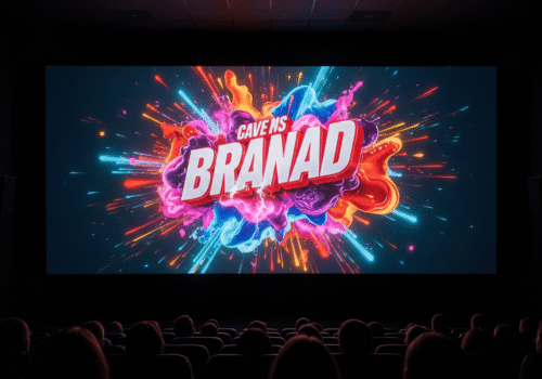 ads in movie theater High-impact cinema advertising on big screen before movie showtime, capturing audience attention in a premium theater environment.