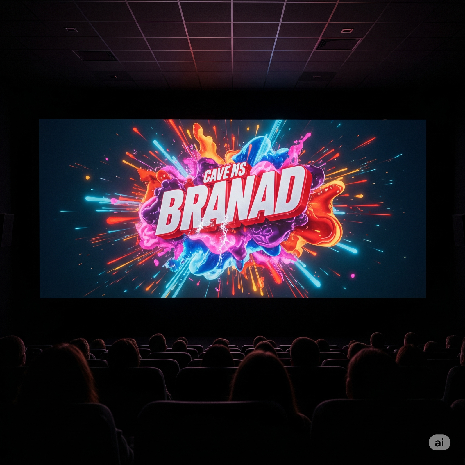 High-impact cinema advertising on big screen before movie showtime, capturing audience attention in a premium theater environment.