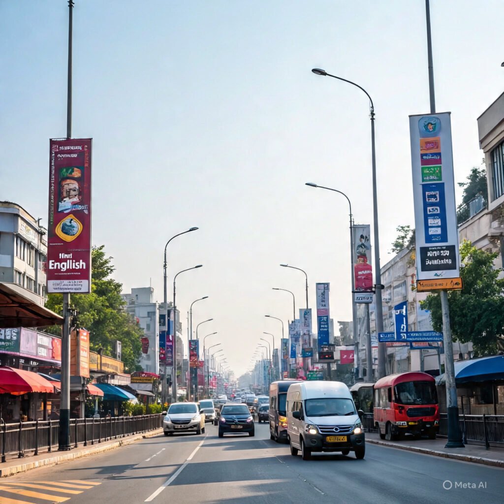 Pole kiosk advertising in Rajasthan by Acme Advertising Co., featuring sleek and durable displays on urban streets for high-impact local brand visibility.