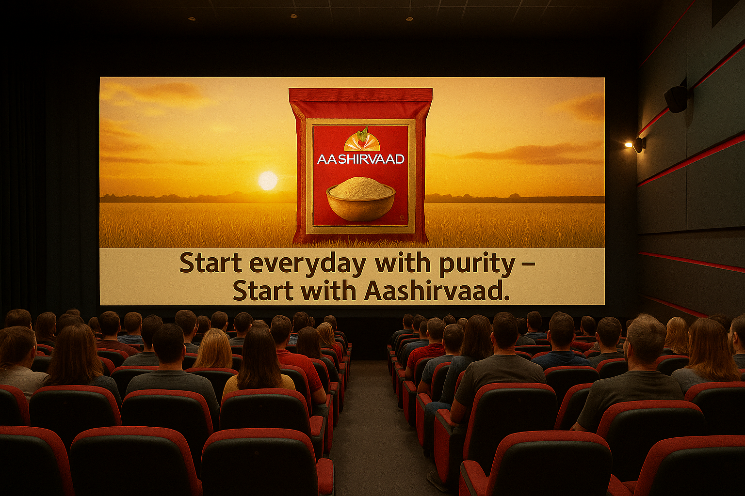 Aashirvaad Aata Ad on Cinema Screen | Premium In-Theater Advertising Visual A packed movie theater audience watches an Aashirvaad Aata advertisement displayed on a large cinema screen, showcasing a packet of flour with the tagline "Start everyday with purity Start with Aashirvaad.