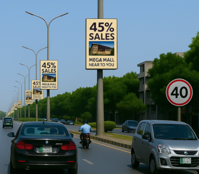 A tree-lined city road with light traffic, featuring Acme Advertising Co. pole kiosk advertising companies in Lucknow banners reading “45% Sales – Mega Mall Near to You” and a 40 km/h speed limit sign.