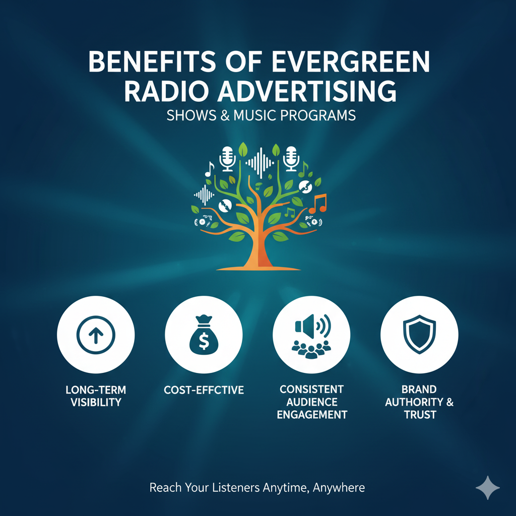 A graphic for radio advertising with a vintage radio at the center, surrounded by icons for musical notes, a newspaper, and various speech bubbles with phrases like "Latest Hits" and "Breaking Stories."