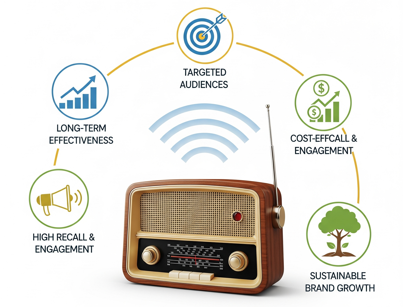 Graphic for "Why Choose Acme Advertiser?" showing a vintage radio surrounded by icons representing long-term effectiveness, targeted audiences, cost-effective reach, high recall, and sustainable brand growth.