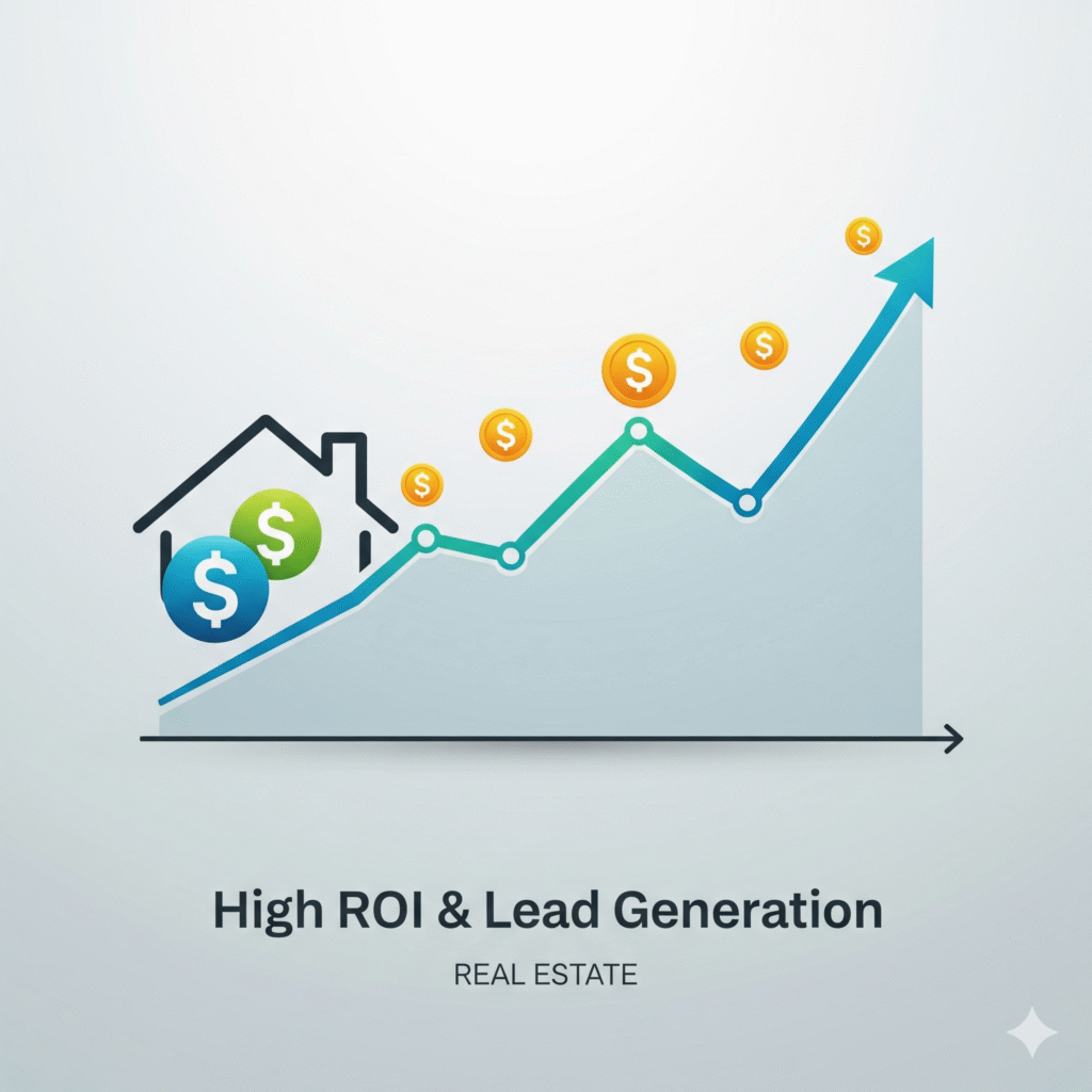 A professional graphic illustrating high ROI and lead generation for real estate, featuring an upward trend line on a bar chart, dollar signs, and a house icon.