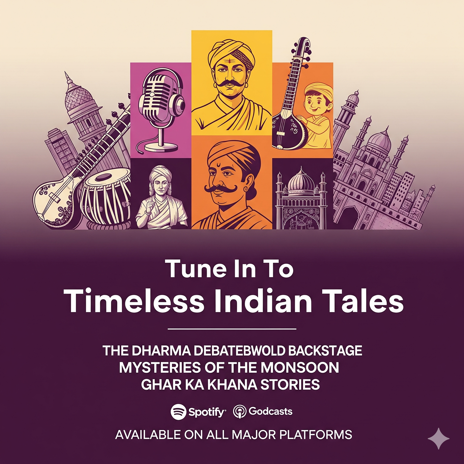A graphic with the title "Tune In To Timeless Indian Tales," featuring illustrations of Indian architecture, musical instruments, historical figures, and a microphone, with logos for Spotify and Google Podcasts.