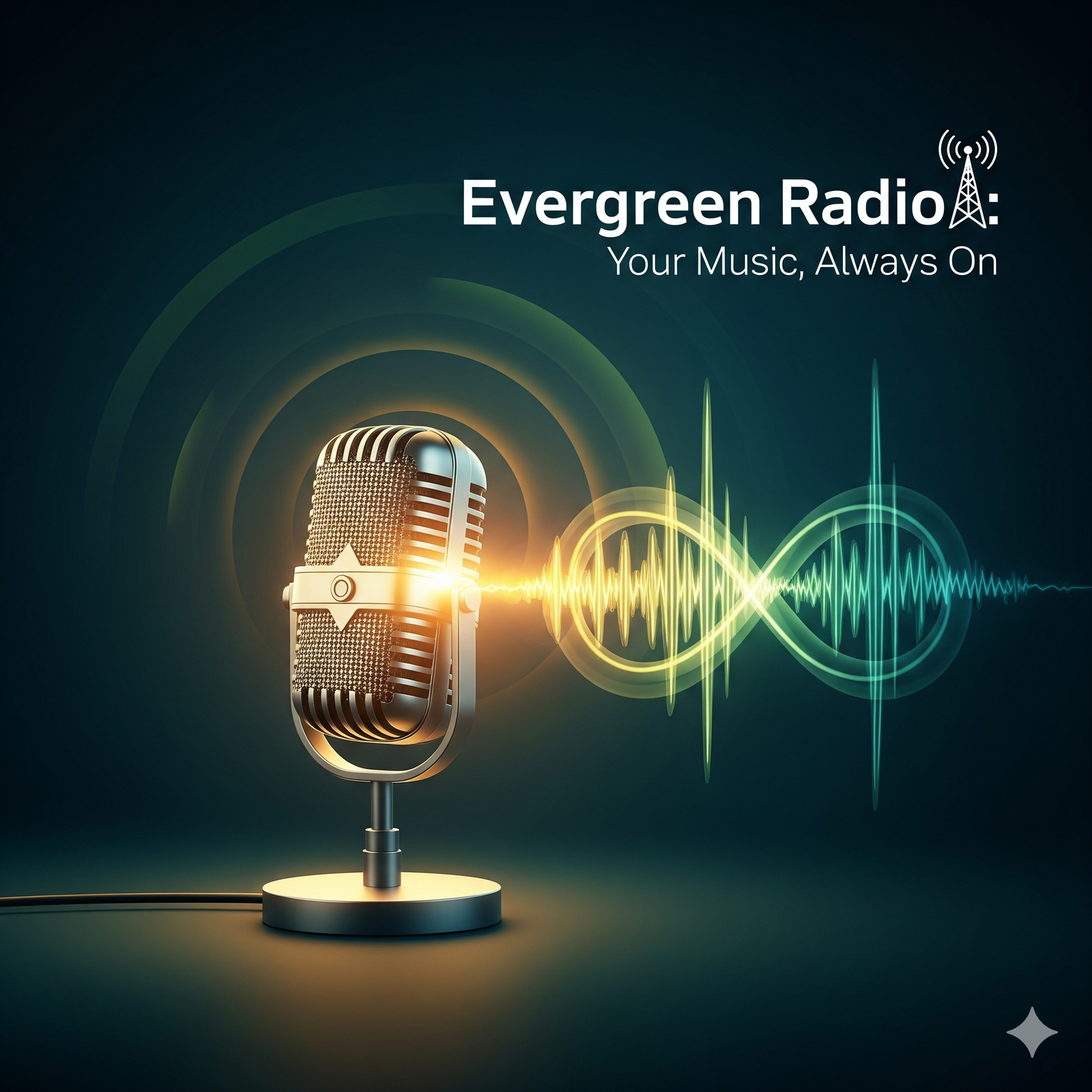 A graphic with a glowing vintage microphone and an abstract, vibrant sound wave. The text "Evergreen Radio: Your Music, Always On" and a radio tower icon are at the top right.