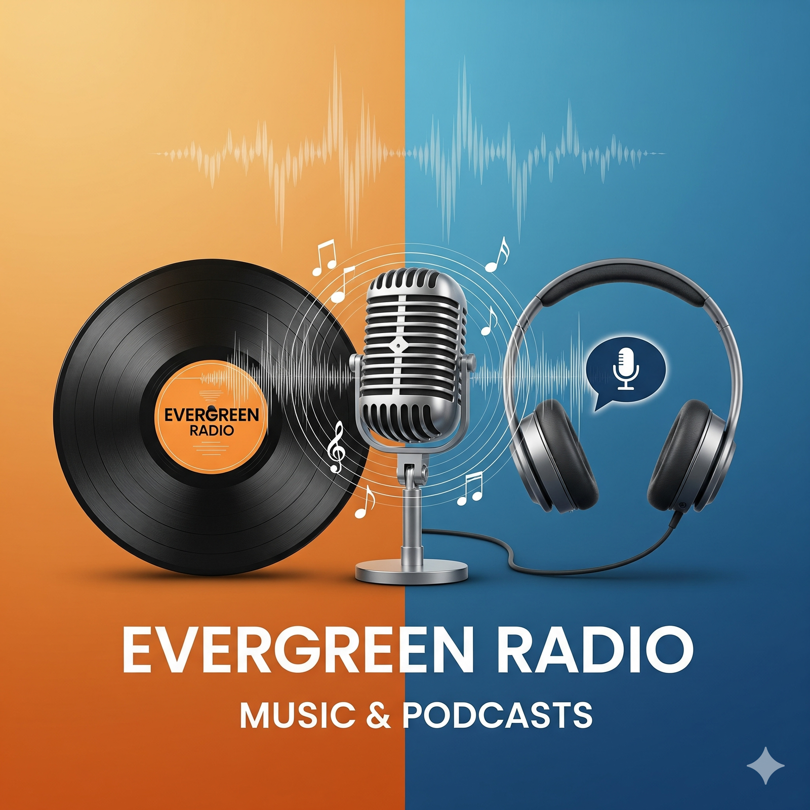 A graphic with a split orange and blue background. On the orange side is a vinyl record, and on the blue side is a pair of headphones.