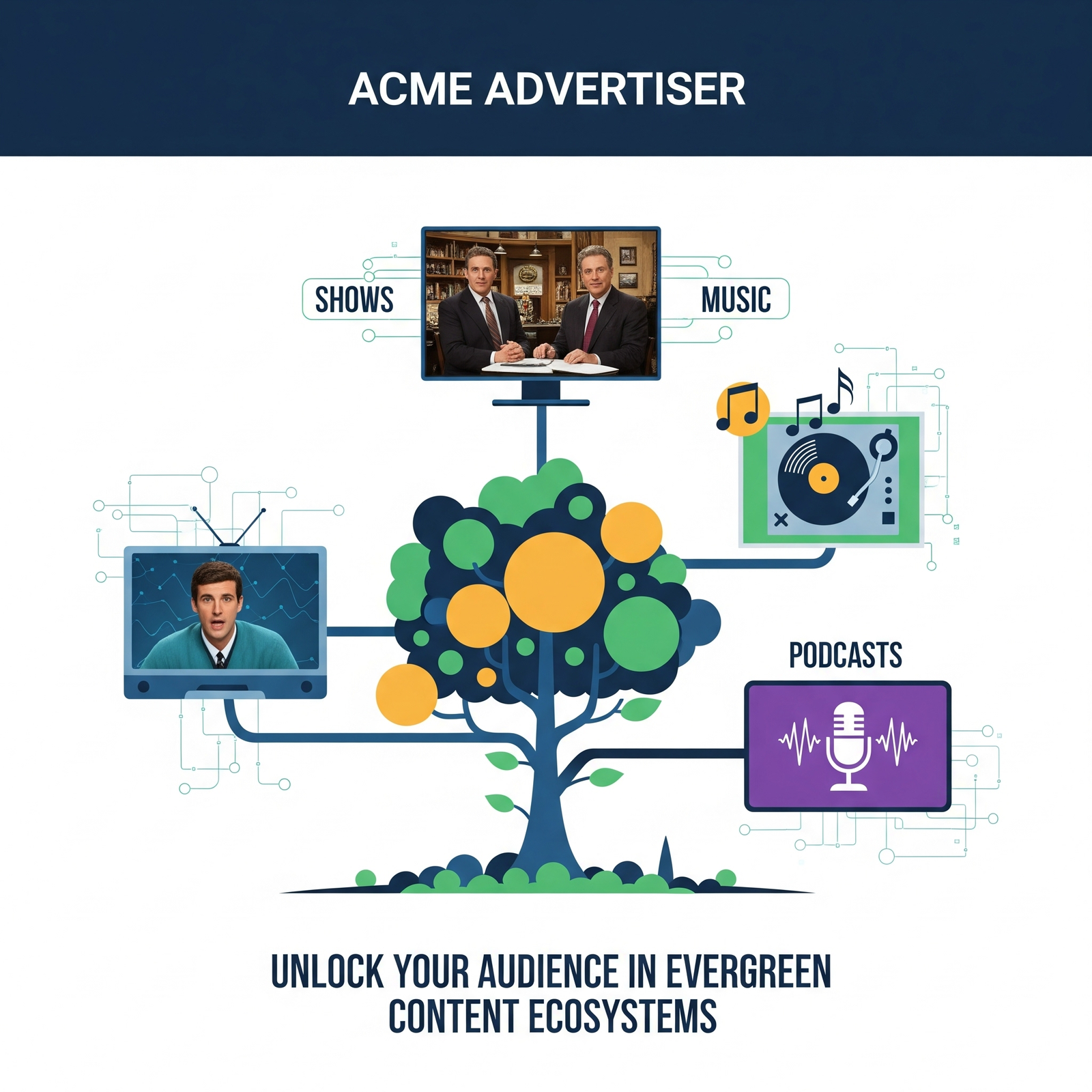 Graphic by Acme Advertiser showing a tree with branches connecting to screens for shows, music, and podcasts, illustrating evergreen content advertising.