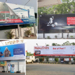 Collage of petrol pump ads featuring Indian Oil, Vodafone cricket offer, SBI Life insurance, and MapmyIndia navigation branding. Petrol Pump Hoarding Advertising Company