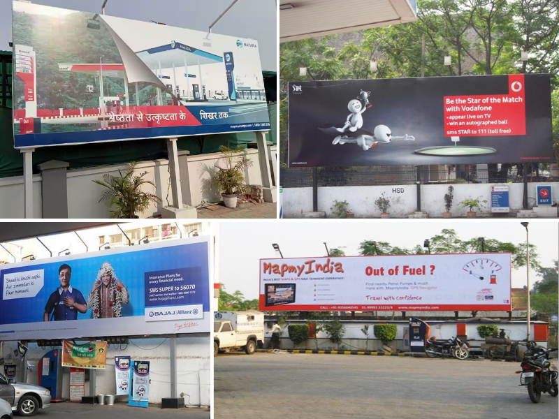 Collage of petrol pump ads featuring Indian Oil, Vodafone cricket offer, SBI Life insurance, and MapmyIndia navigation branding.