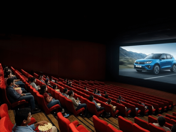 Tata Motors EV – Drive Electric | Cinema Ad Spotlight Audience in theater watching Tata Motors cinema ad featuring electric car and Drive the Future slogan.