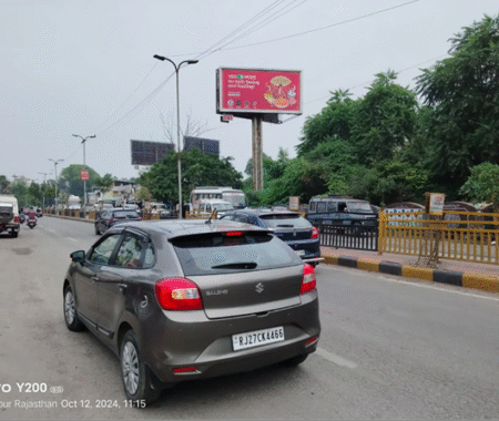 Cartoon-style food hoarding by ACME Advertising Co. in Lucknow mounted on tall pole near city road.