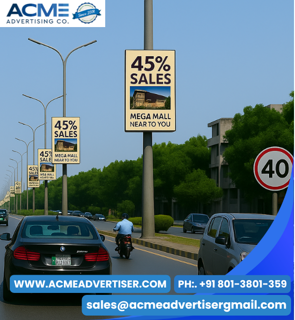 Pole kiosk advertising by Acme Advertising Company offering high visibility on busy streets