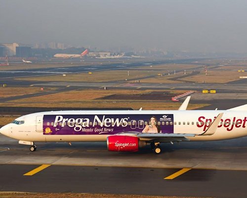 Airplane exterior wrap used for high-impact flight advertising.