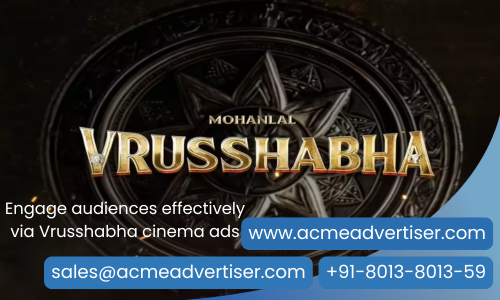 Vrushshabha movie poster featuring Mohanlal with dramatic gold typography and ornate cinematic background, promoting ACME Advertising Co.’s cinema ad placements Vrushshabha movie poster featuring Mohanlal with dramatic gold typography and ornate cinematic background, promoting ACME Advertising Co.’s cinema ad placements