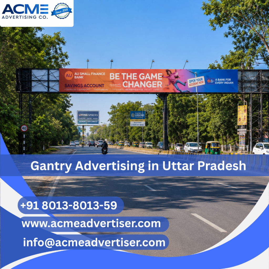 Large gantry advertising display by ACME Advertising Co. in Mohan Nagar at a high-traffic highway and roadside location.