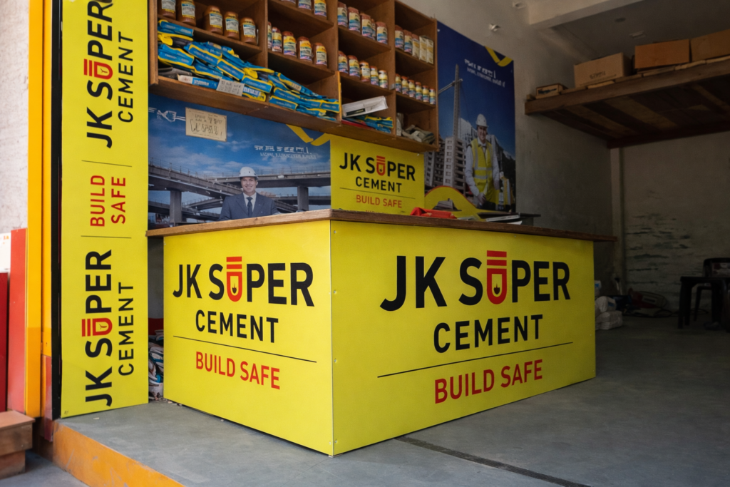 Sunboard vinyl retail store counter branding using printed panels to highlight cement brand identity and messaging.