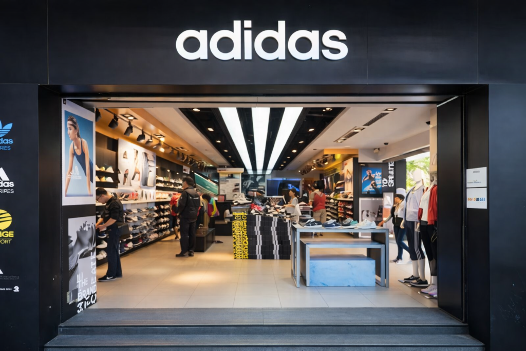 Adidas retail storefront featuring illuminated logo and in-store displays using premium signages board advertising for sportswear branding