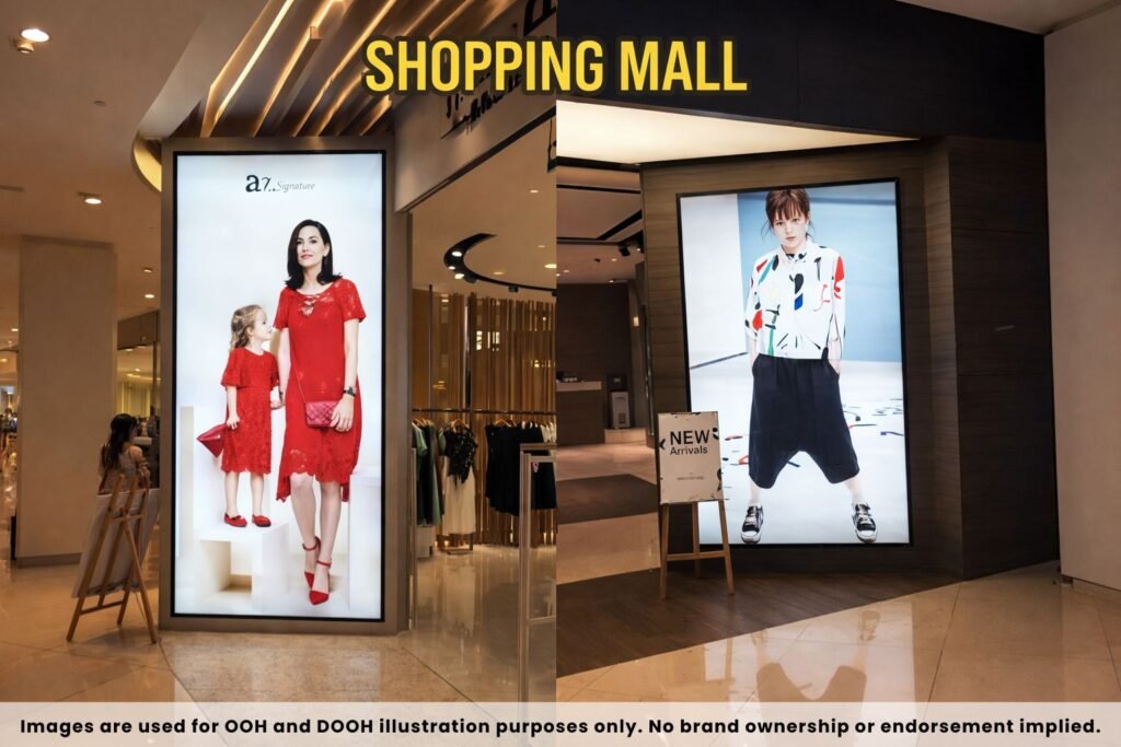 LED Clip On Branding display inside a shopping mall showcasing fashion retail advertising with high brightness