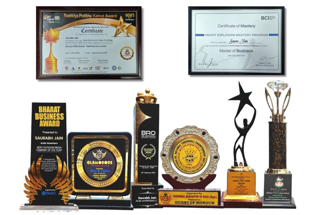 Acme Advertising Co. awards display showcasing excellence in billboard, hoarding, unipole & gantry advertising services