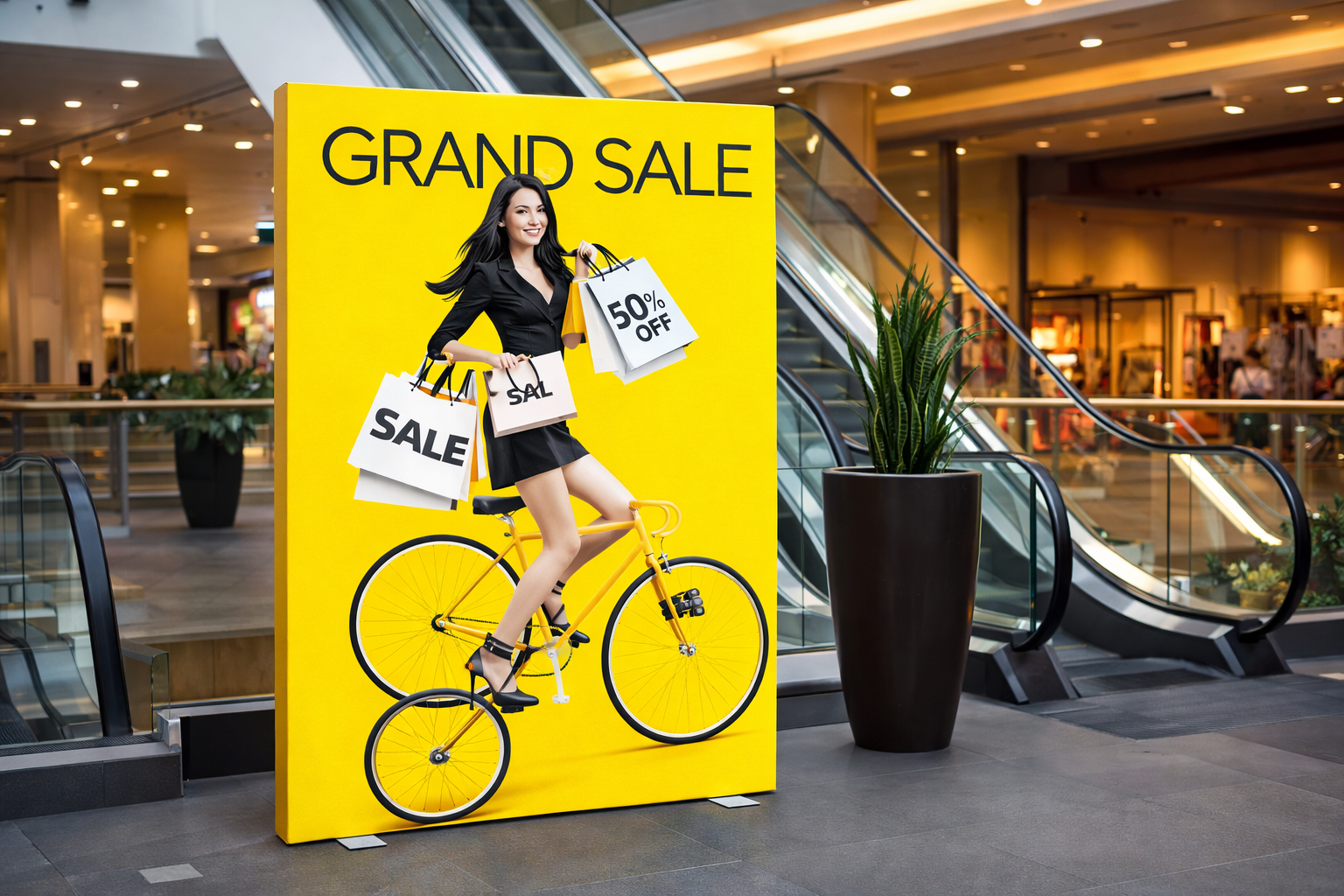 Large mall standee advertising display near escalator in shopping mall by ACME Advertising