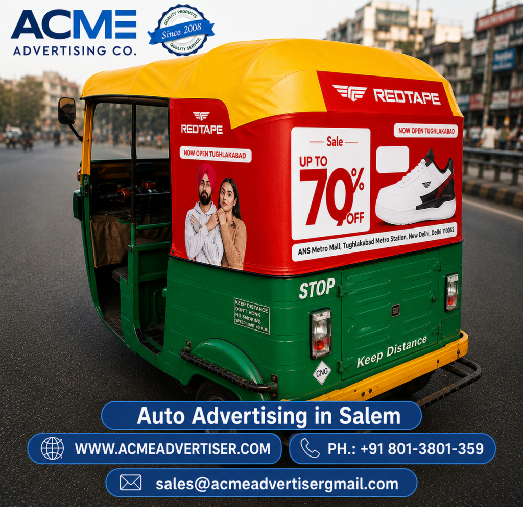 Auto rickshaw branding campaign by auto advertising company in Salem showcasing REDTAPE sale promotion with ACME Advertising contact details