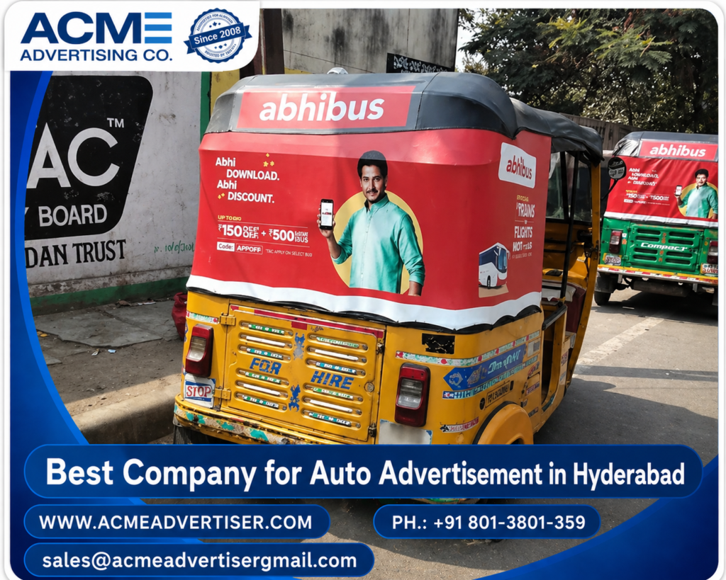 Auto rickshaw branding campaign by auto advertising company in Hyderabad showcasing REDTAPE sale promotion with ACME Advertising contact details