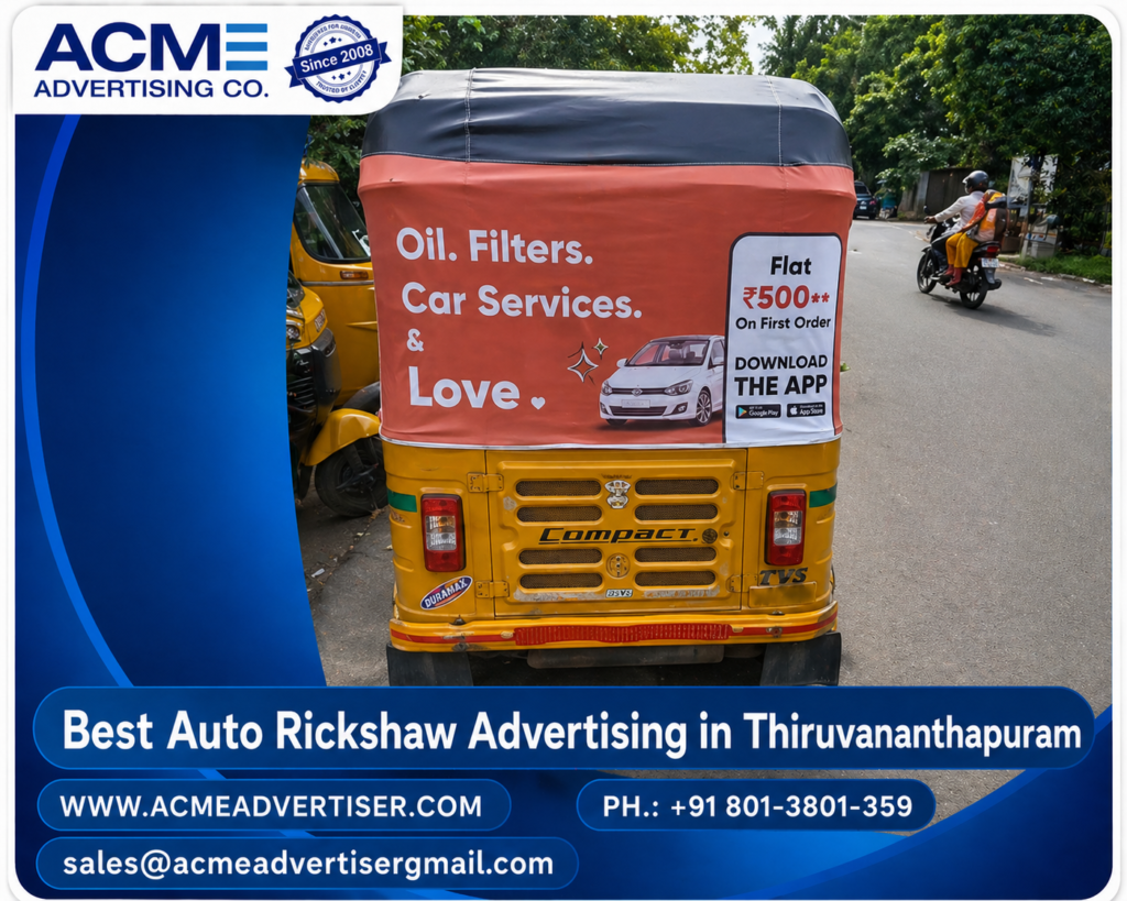 Auto advertising company in Thiruvananthapuram showcasing branded auto rickshaw campaign for high-visibility outdoor advertising