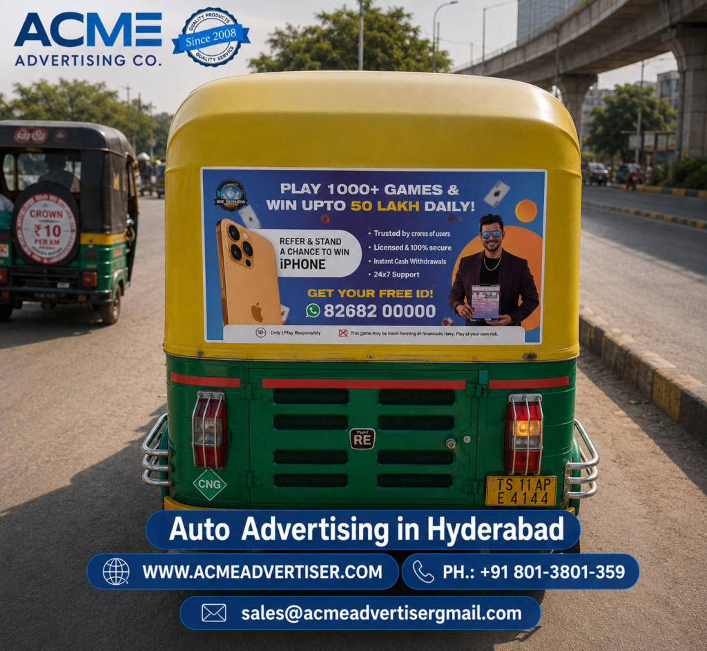 Auto rickshaw advertising campaign in Hyderabad showcasing branded rear panel ad for gaming promotion on city roads
