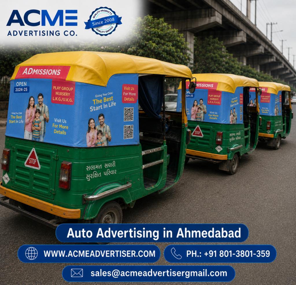 Branded auto rickshaw campaign by ACME Advertising showcasing outdoor transit branding services in Ahmedabad city streets.