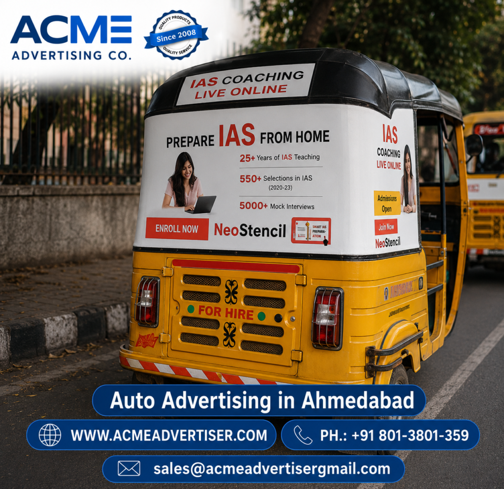 Branded auto rickshaw campaign by ACME Advertising showcasing outdoor transit branding services in Ahmedabad city streets.